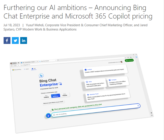 微软公布Microsoft 365 Copilot定价，推出企业版Bing Chat插图