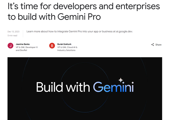 重磅！谷歌免费开放Gemini Pro 的API，媲美ChatGPT！插图